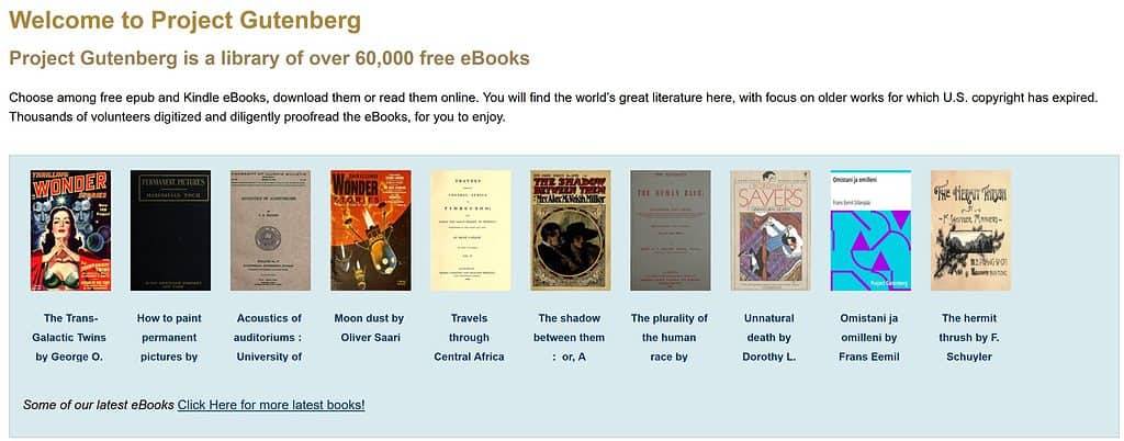 screenshot of Project Gutenberg's website