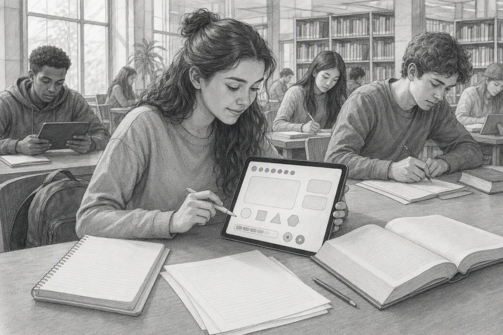 College student comparing tablet quiz and printed notes in library